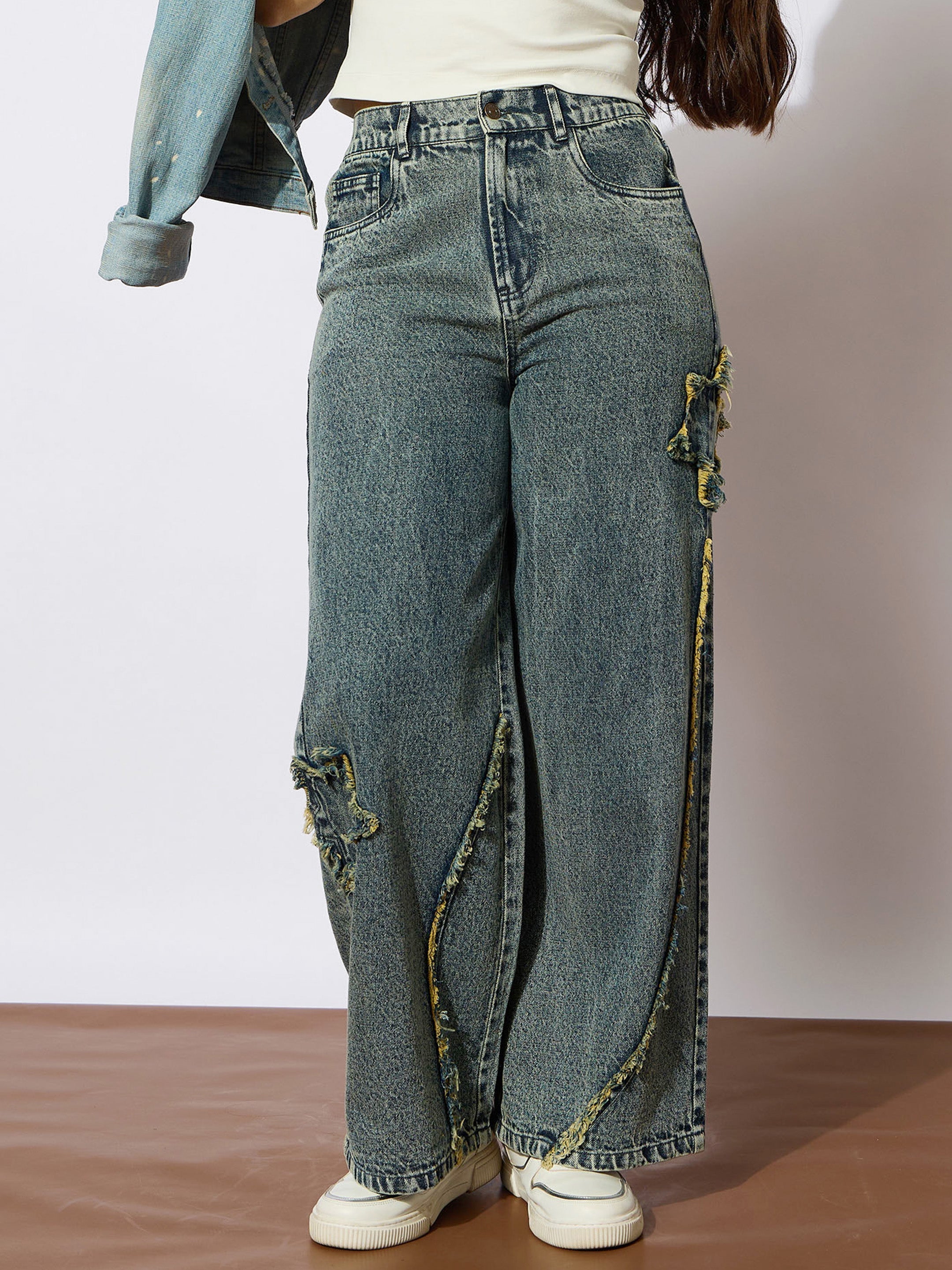 Girls Yellow Wash Front Distressed Straight Jeans-NVJEAN0733