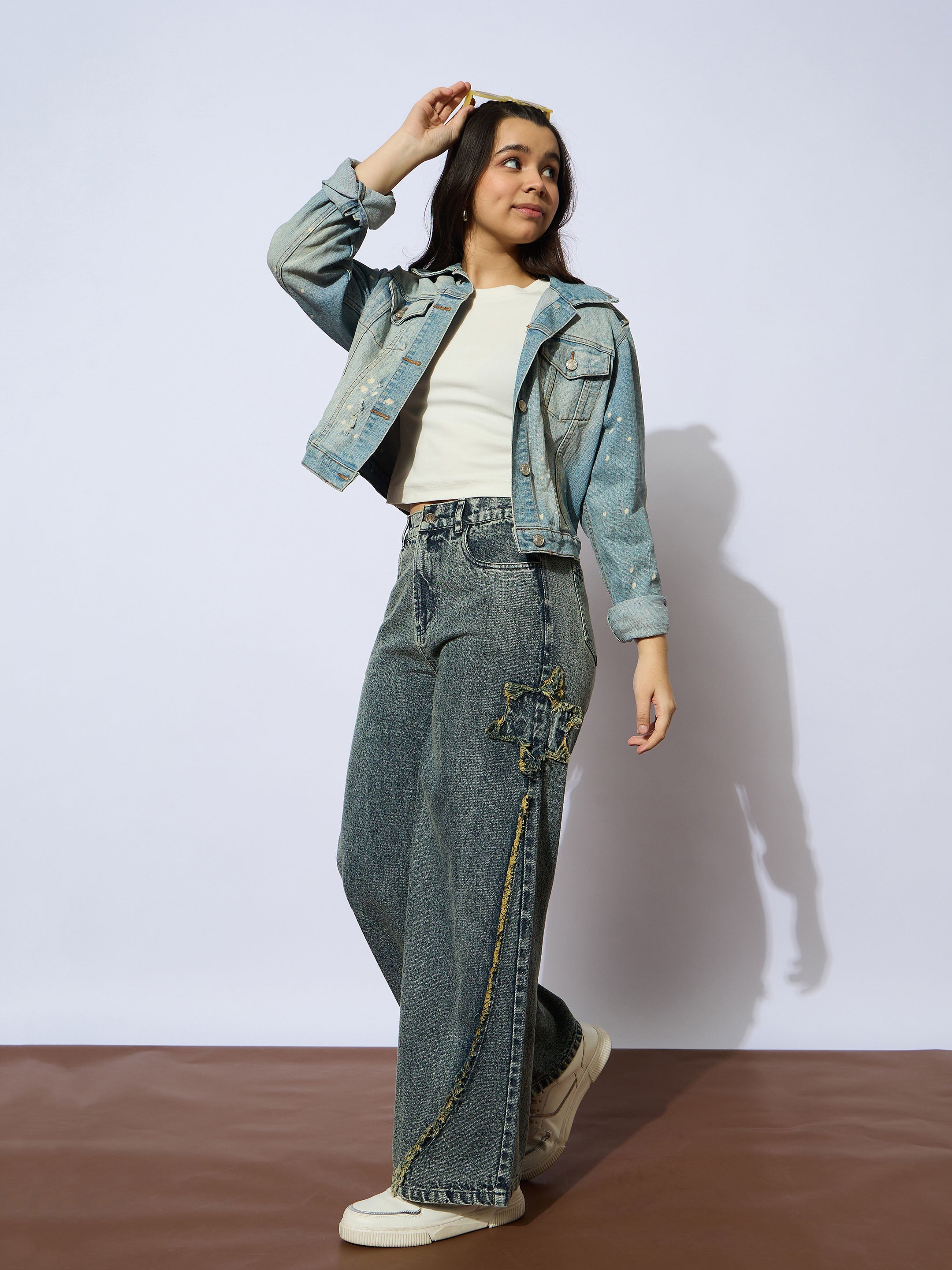 Girls Yellow Wash Front Distressed Straight Jeans-NVJEAN0733