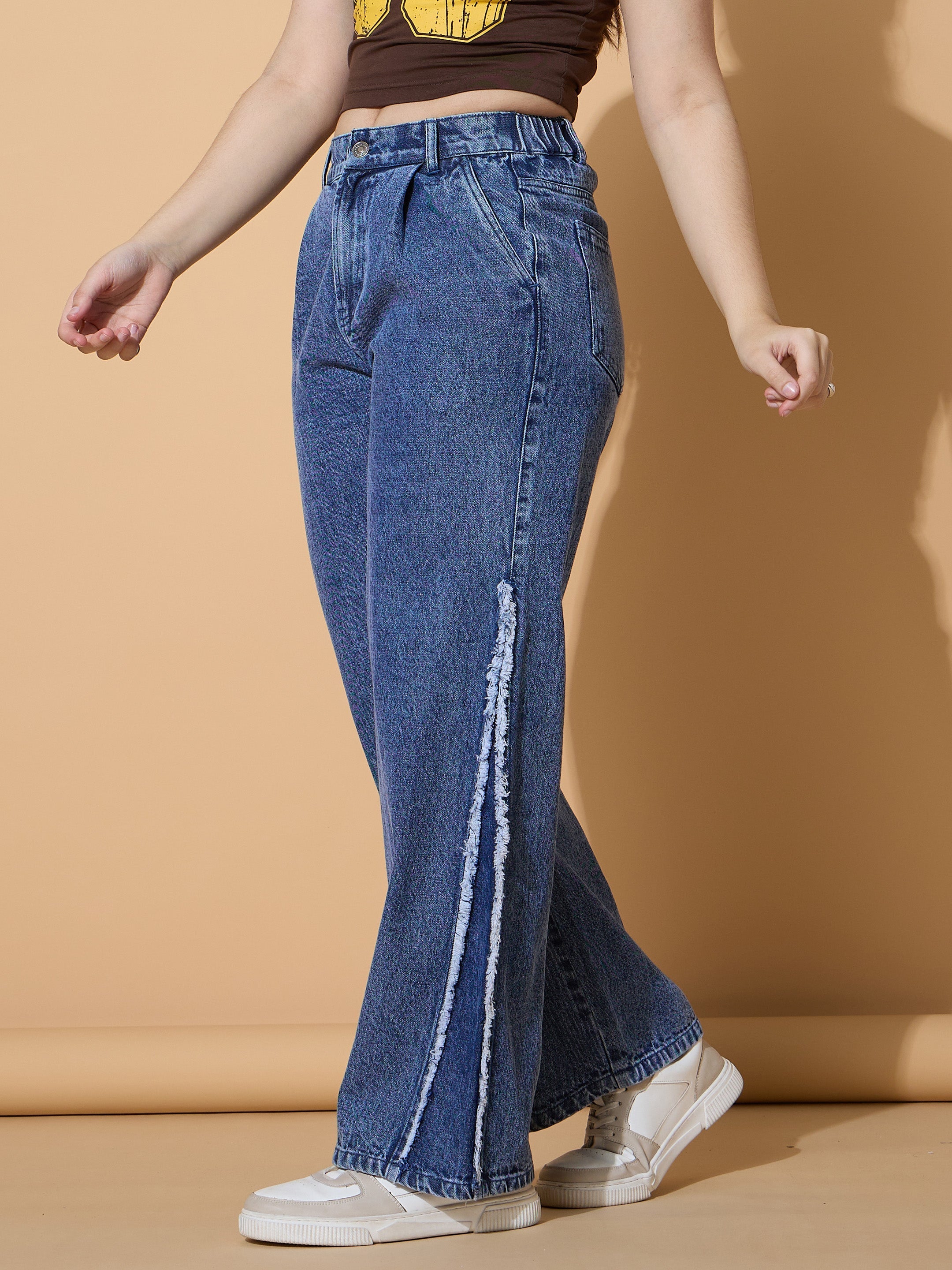 Girls Blue Wash Side Distressed Straight Jeans-NVJEAN0735