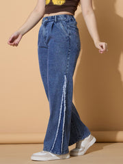 Girls Blue Wash Side Distressed Straight Jeans-NVJEAN0735