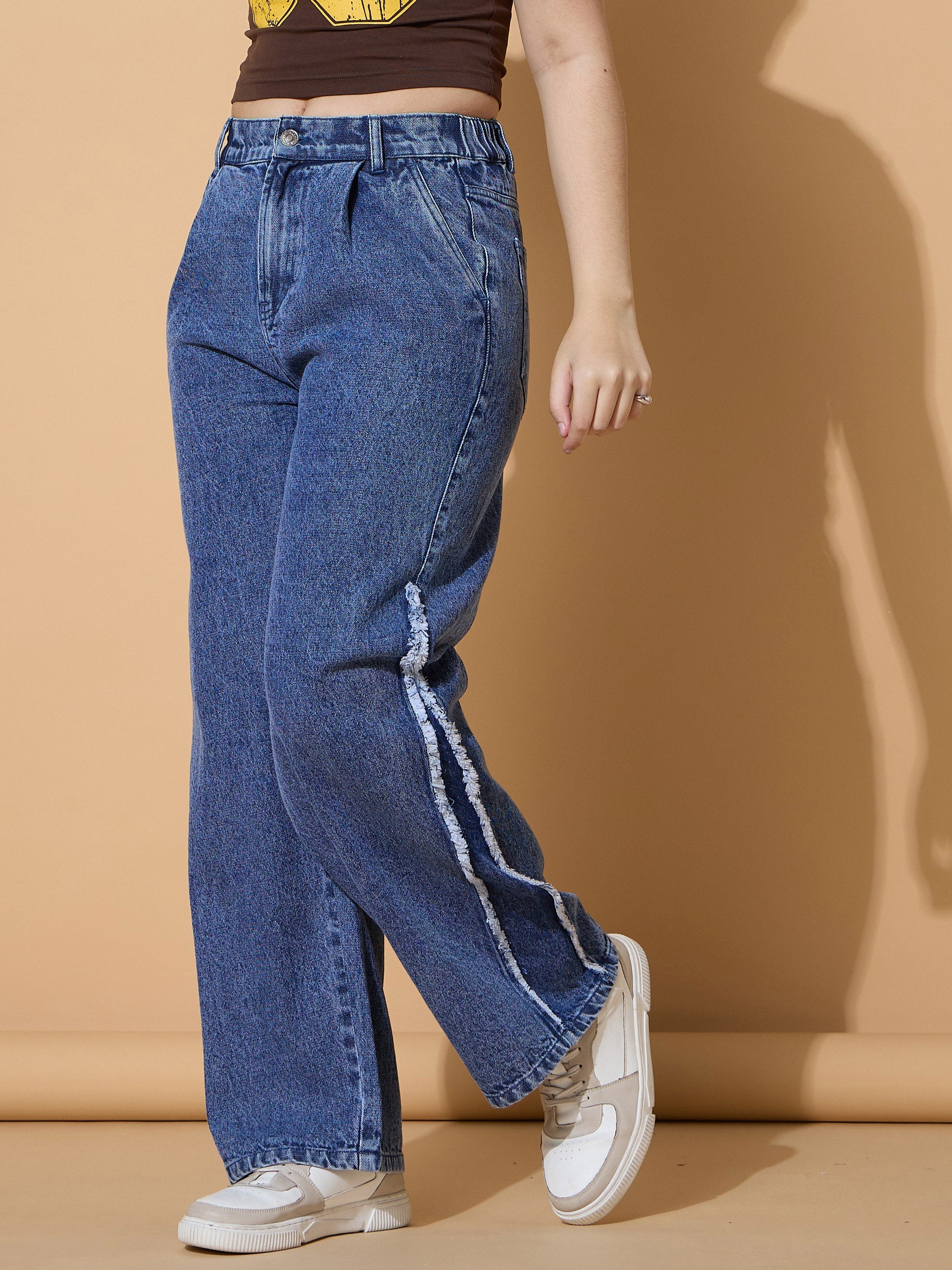 Girls Blue Wash Side Distressed Straight Jeans-NVJEAN0735