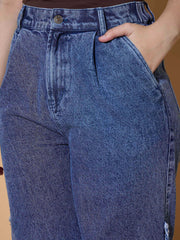 Girls Blue Wash Side Distressed Straight Jeans-NVJEAN0735