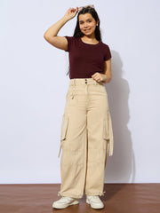 Girls Beige Multi Pockets Straight Jeans-NVJEAN0736