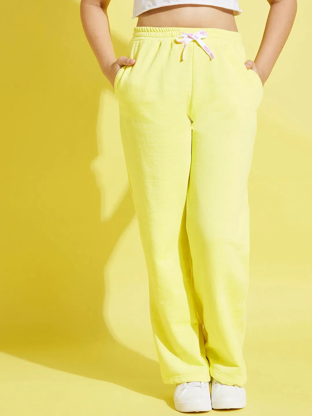 Girls Yellow Fleece Track Pants - Brand Drawstring Activewear