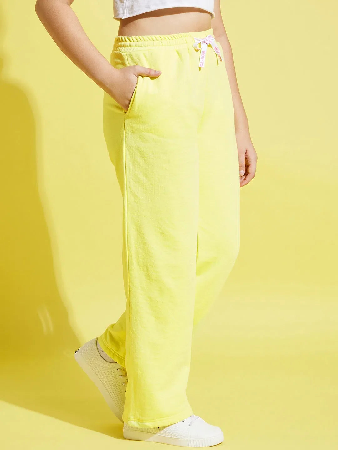 Girls Yellow Fleece Track Pants - Brand Drawstring Activewear