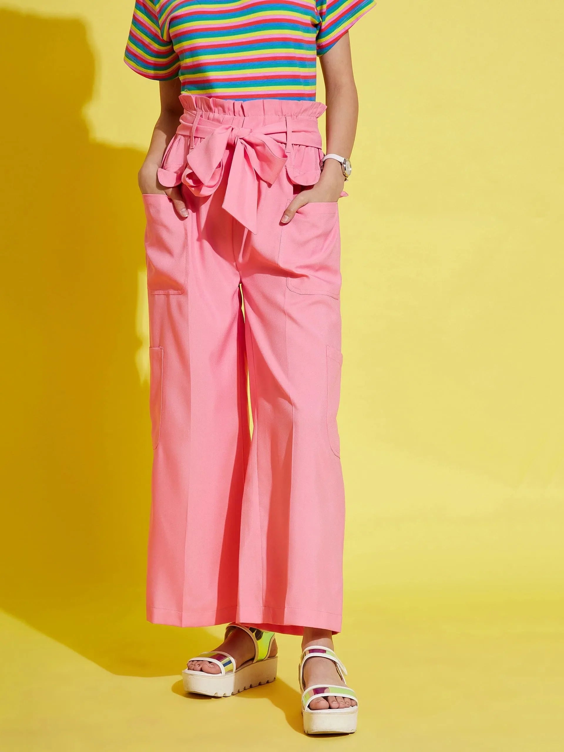 Girls Pink Paper Bag Pants - Trendy Kids Clothing for Girls