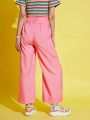 Girls Pink Paper Bag Multi Pocket Pants