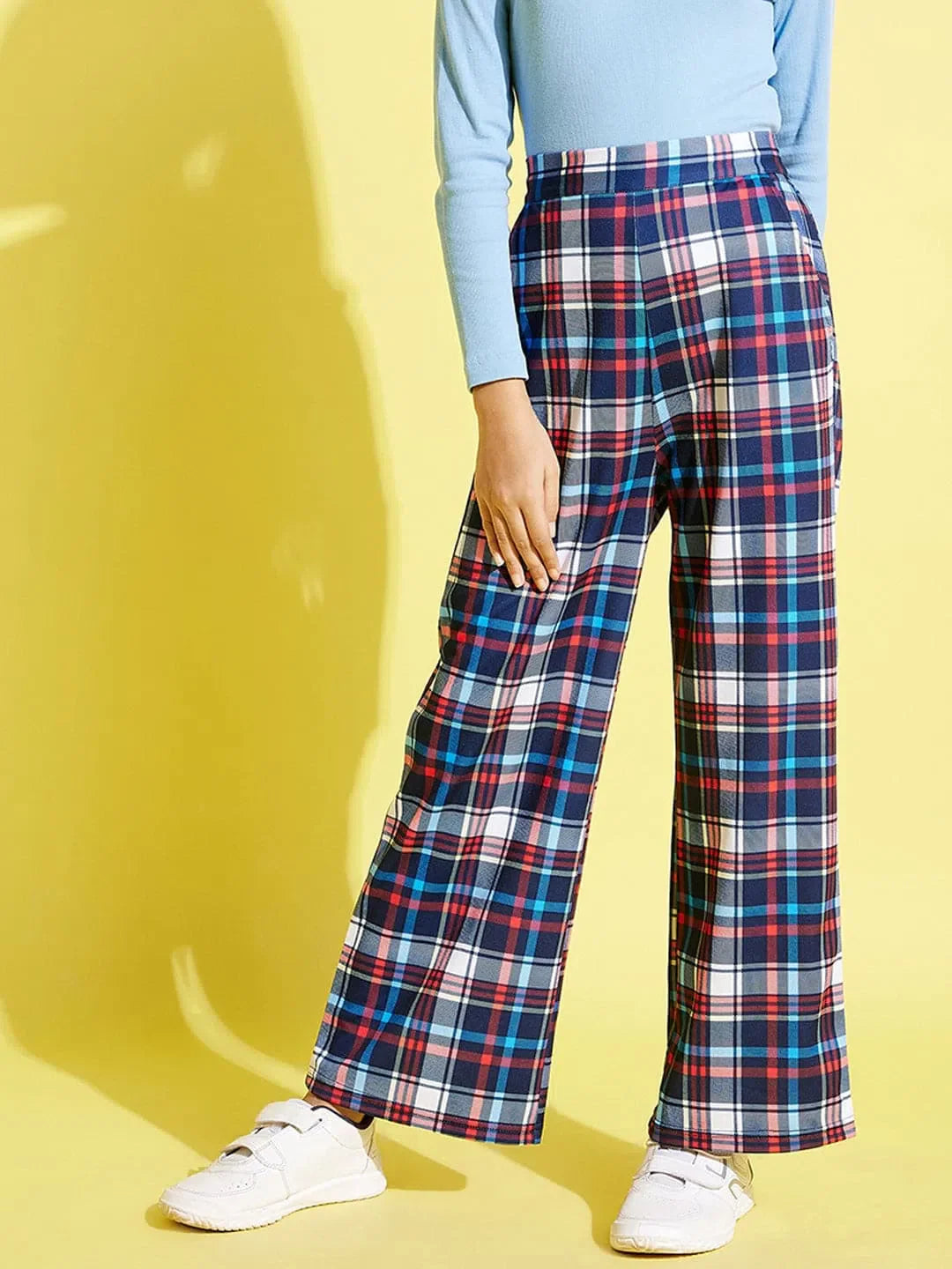 Girls Blue & Red Check Pants | Stylish Kids Clothing & Joggers