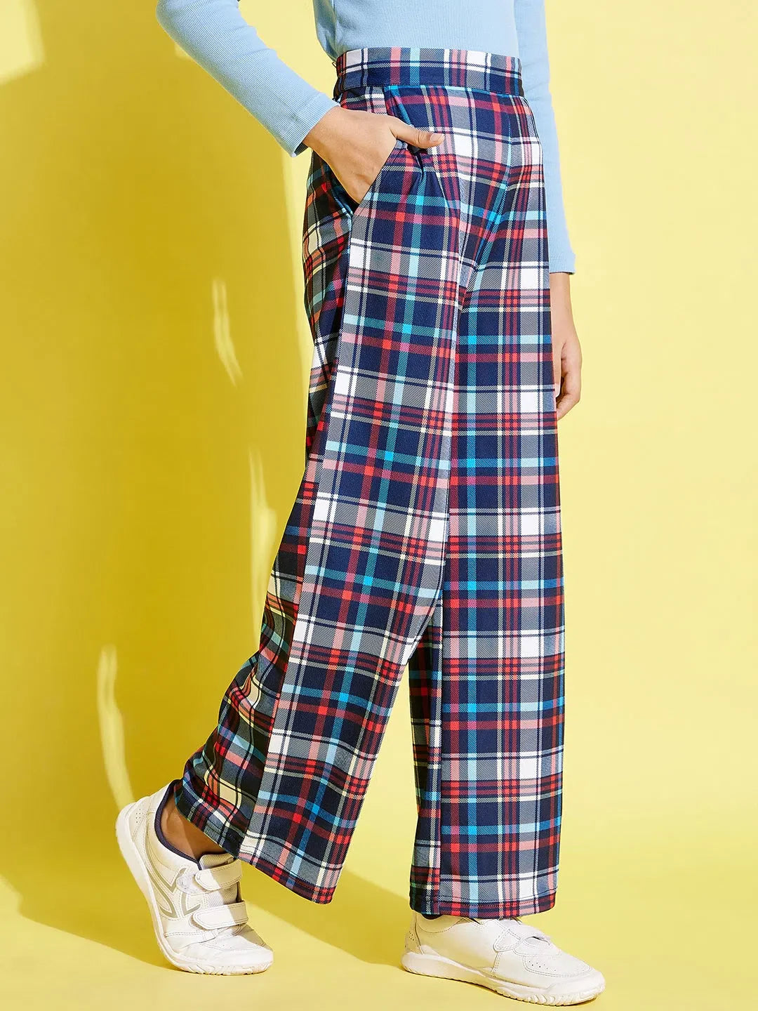 Girls Blue & Red Check Pants | Stylish Kids Clothing & Joggers