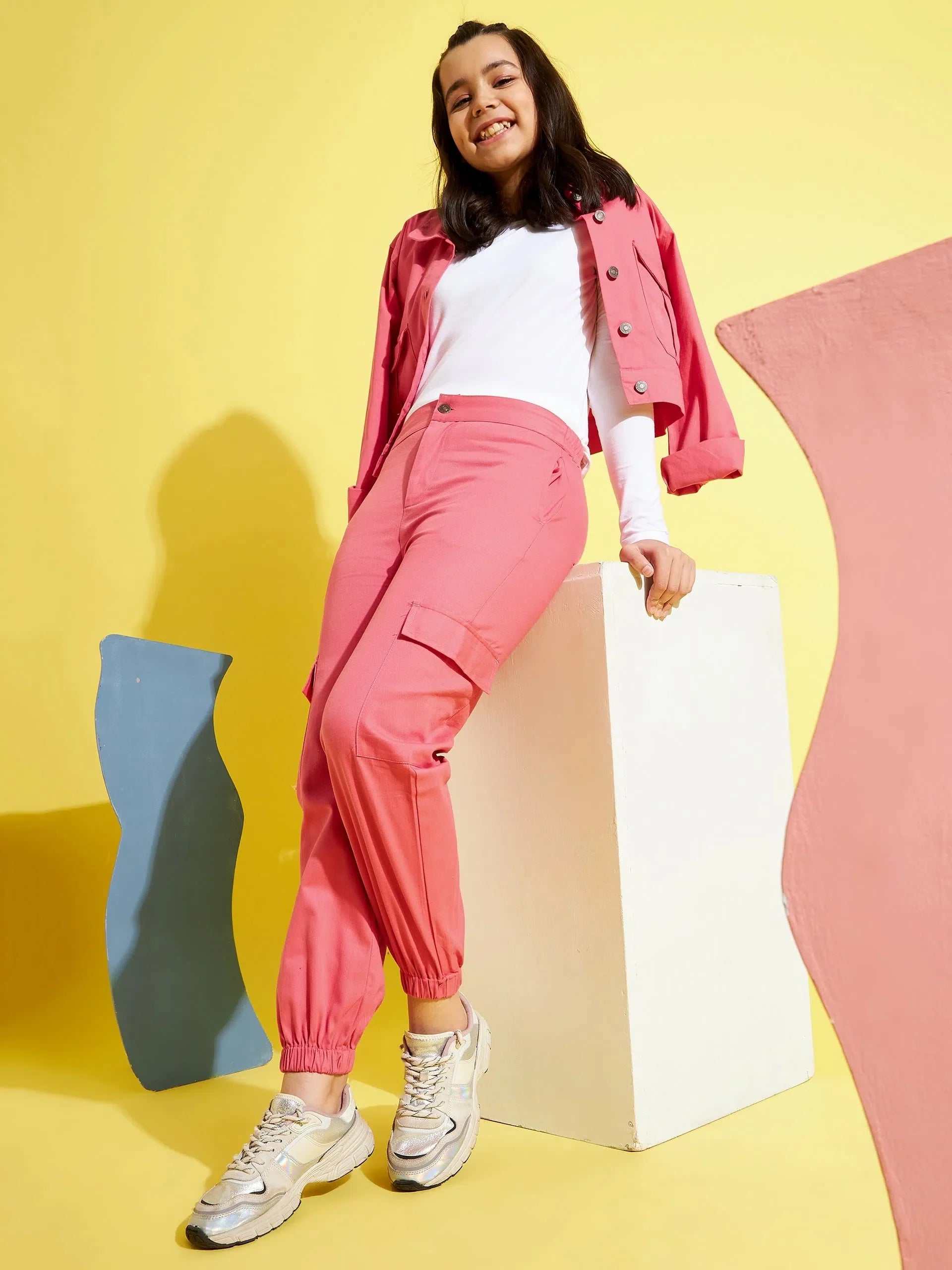 Girls Pink Twill Joggers | Side Pocket Trendy Joggers