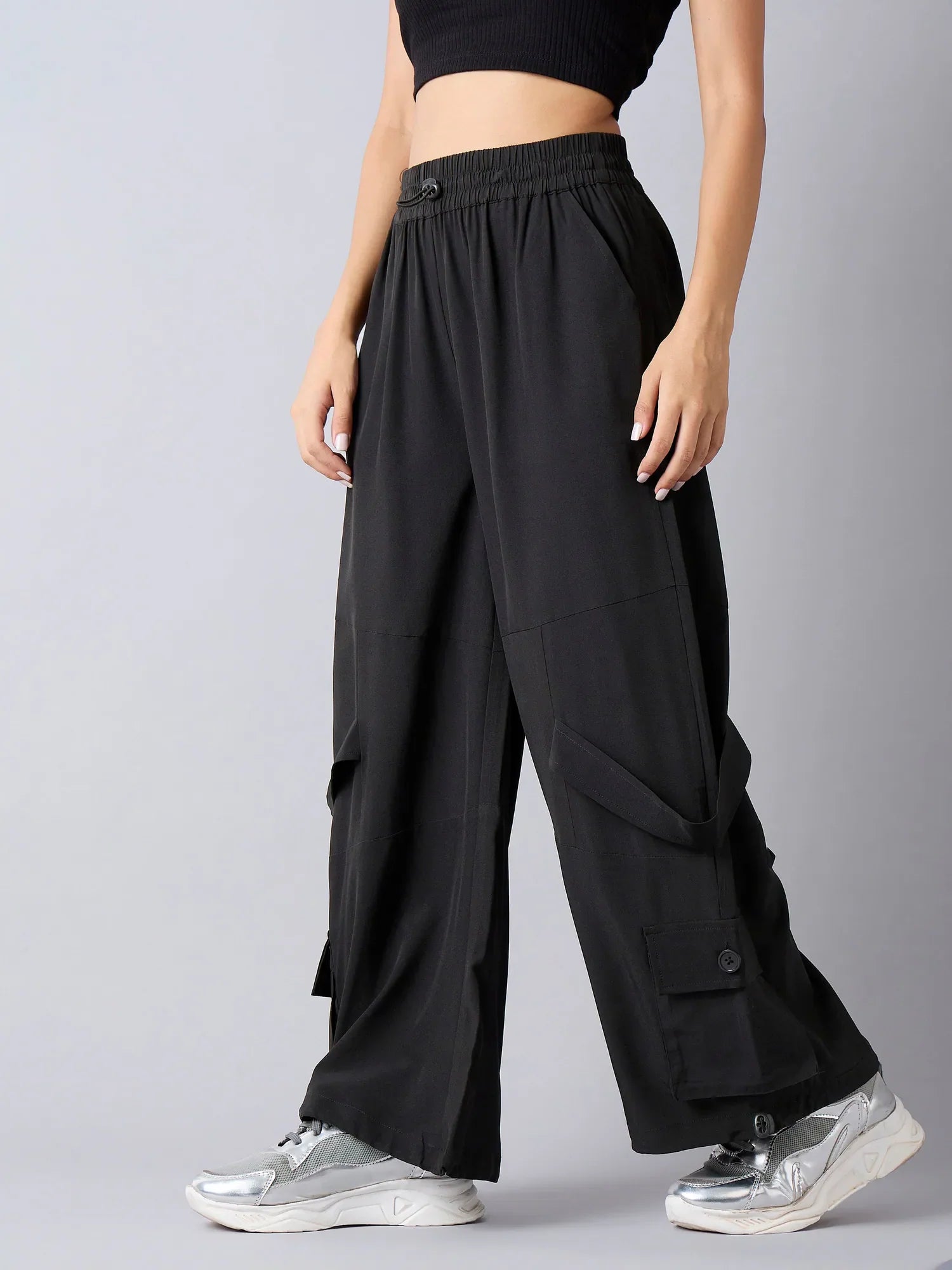 Girls Black Parachute Cargos with Hem Pockets | Kids Clothing