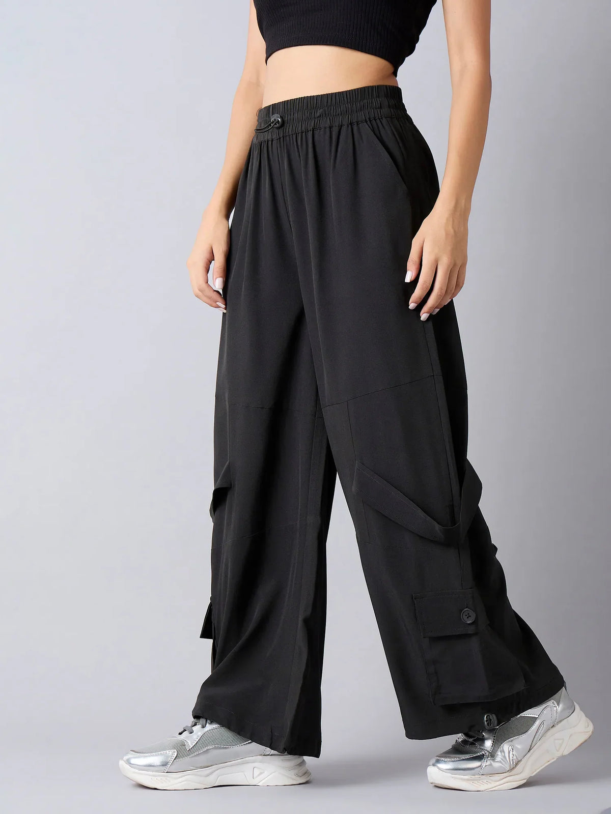 Girls Black Hem Pockets Parachute Cargos-NVPANT50894