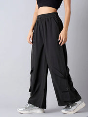 Girls Black Hem Pockets Parachute Cargos-NVPANT50894