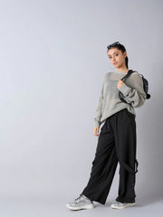 Girls Black Hem Pockets Parachute Cargos-NVPANT50894