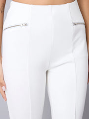 Girls White Front Slit Bell Bottom Zipper Detail Pants-NVPANT50898