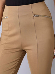 Girls Tan Front Slit Bell Bottom Zipper Detail Pants-NVPANT50899