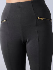 Girls Grey Front Slit Bell Bottom Zipper Detail Pants-NVPANT50900