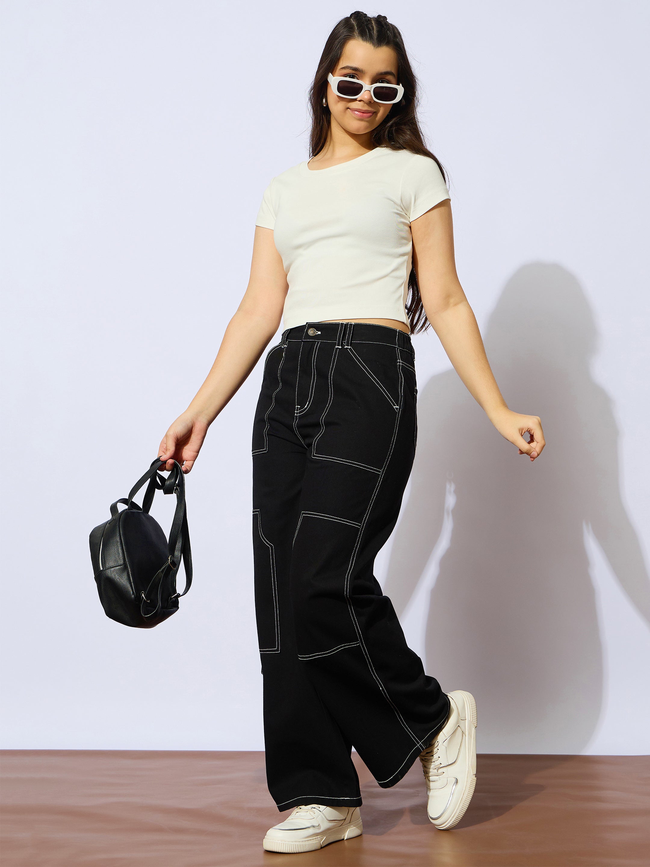 Girls Black Twill White Contrast Thread Straight Pants-NVPANT51199
