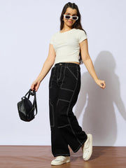 Girls Black Twill White Contrast Thread Straight Pants-NVPANT51199