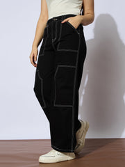 Girls Black Twill White Contrast Thread Straight Pants-NVPANT51199