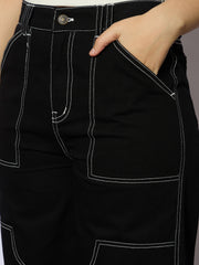 Girls Black Twill White Contrast Thread Straight Pants-NVPANT51199