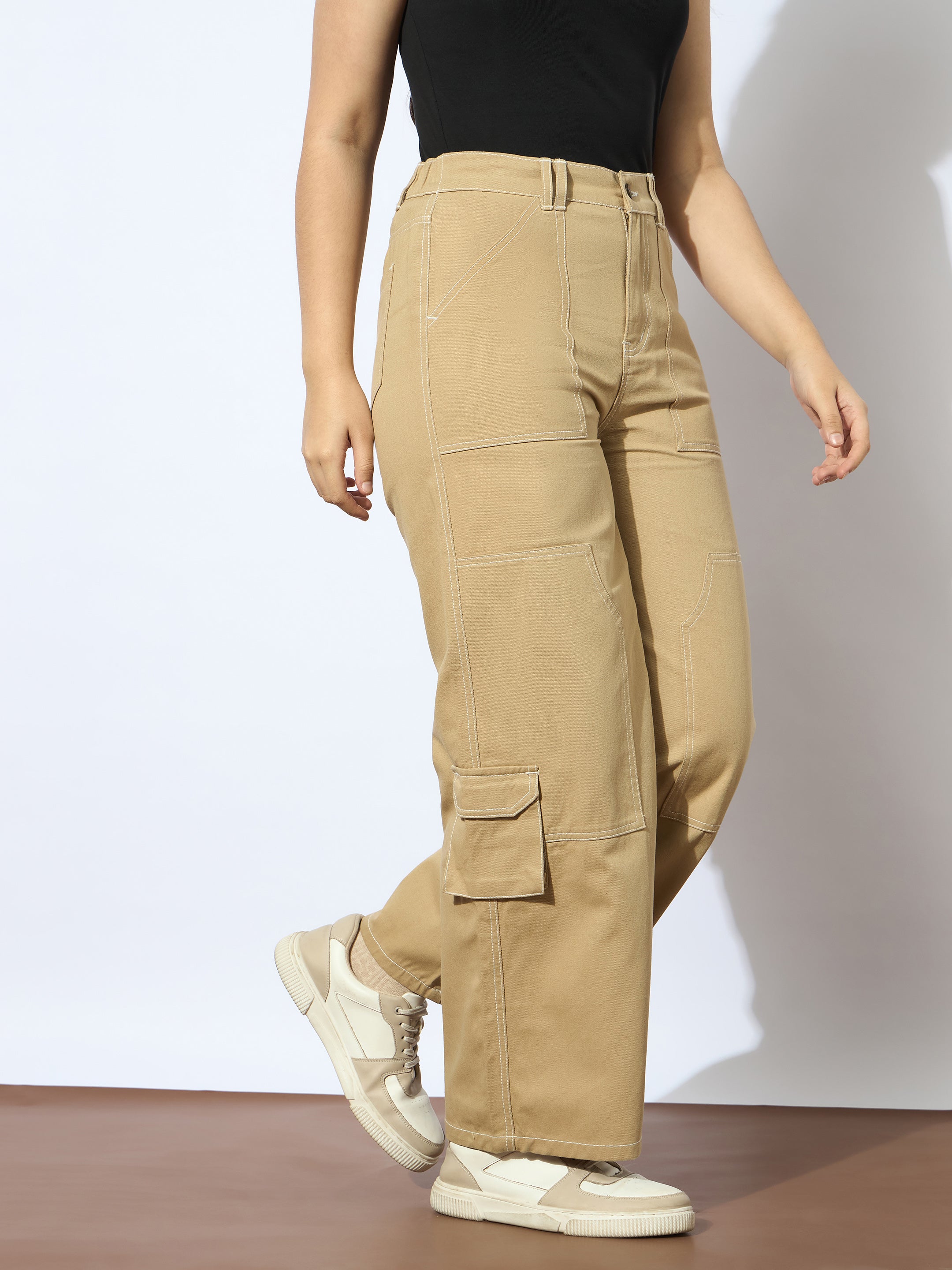 Girls Beige Twill White Contrast Thread Straight Pants-NVPANT51200