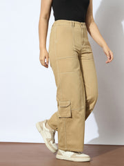 Girls Beige Twill White Contrast Thread Straight Pants-NVPANT51200