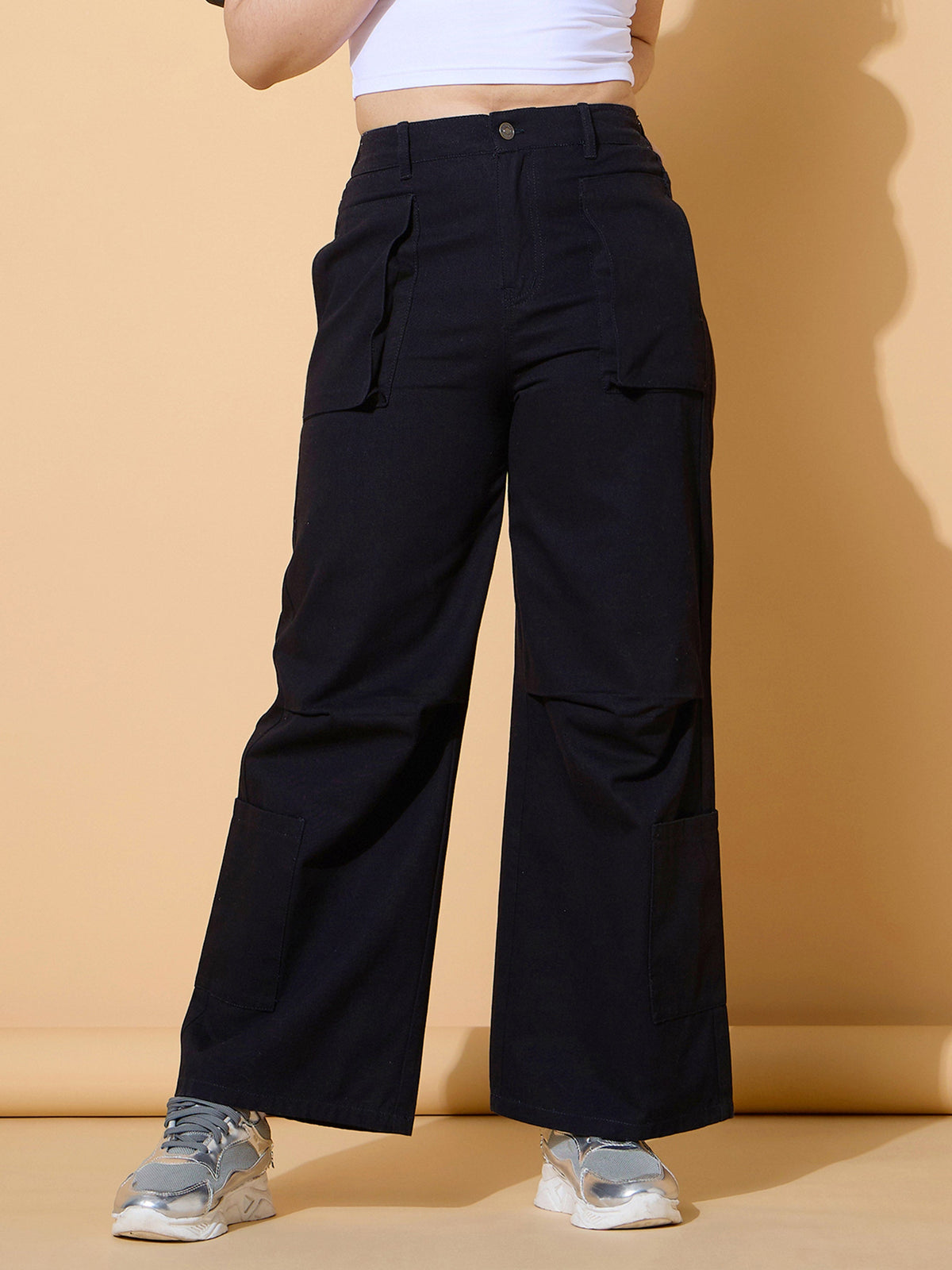 Girls Black Twill Multi Pocket Straight Pants-NVPANT51201