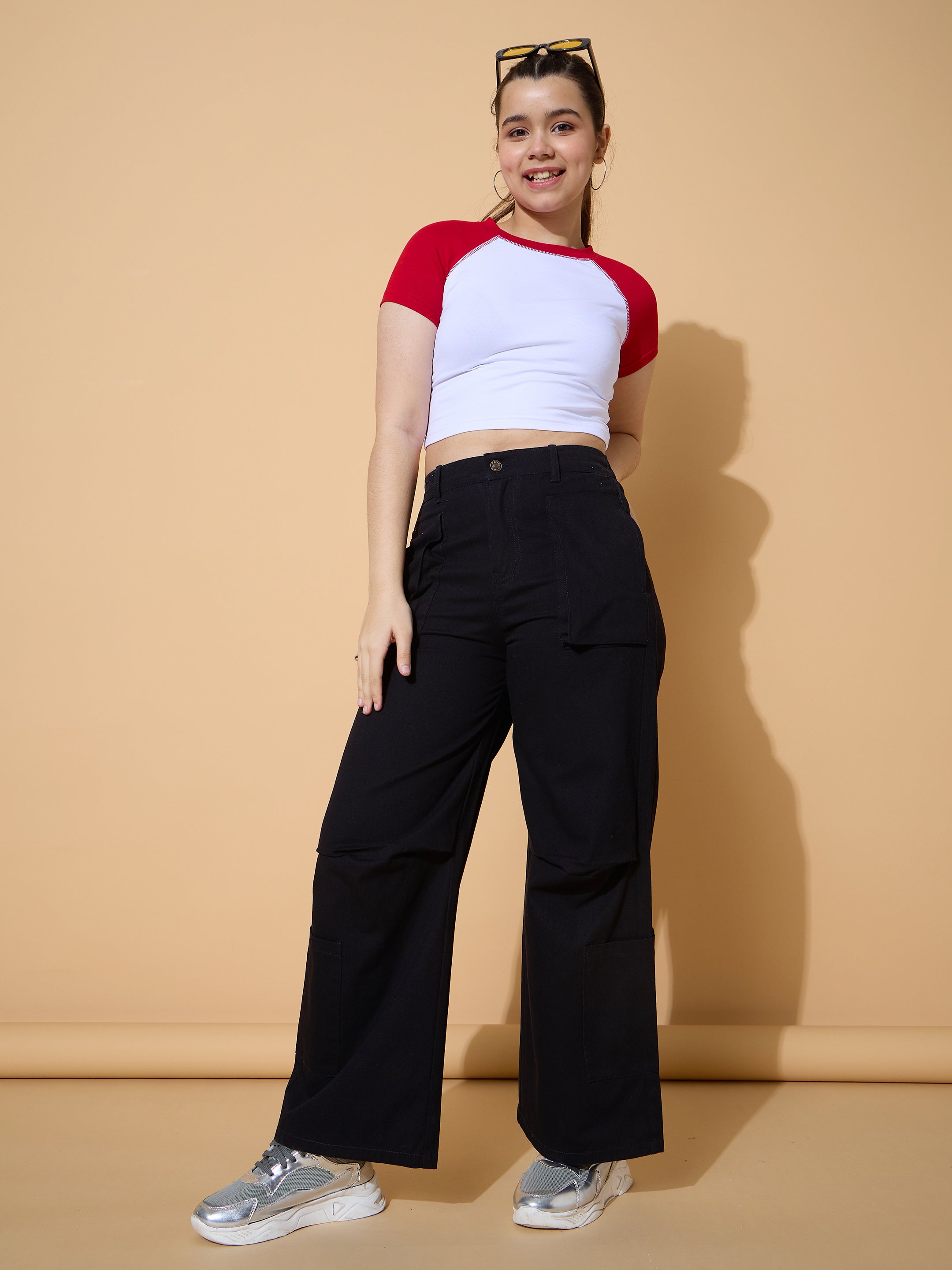 Girls Black Twill Multi Pocket Straight Pants-NVPANT51201