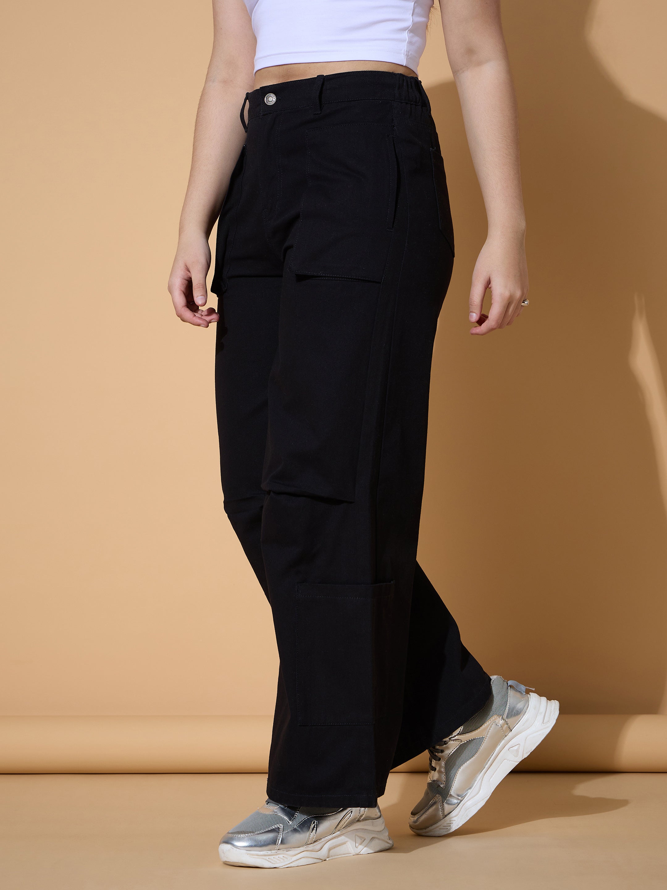 Girls Black Twill Multi Pocket Straight Pants-NVPANT51201