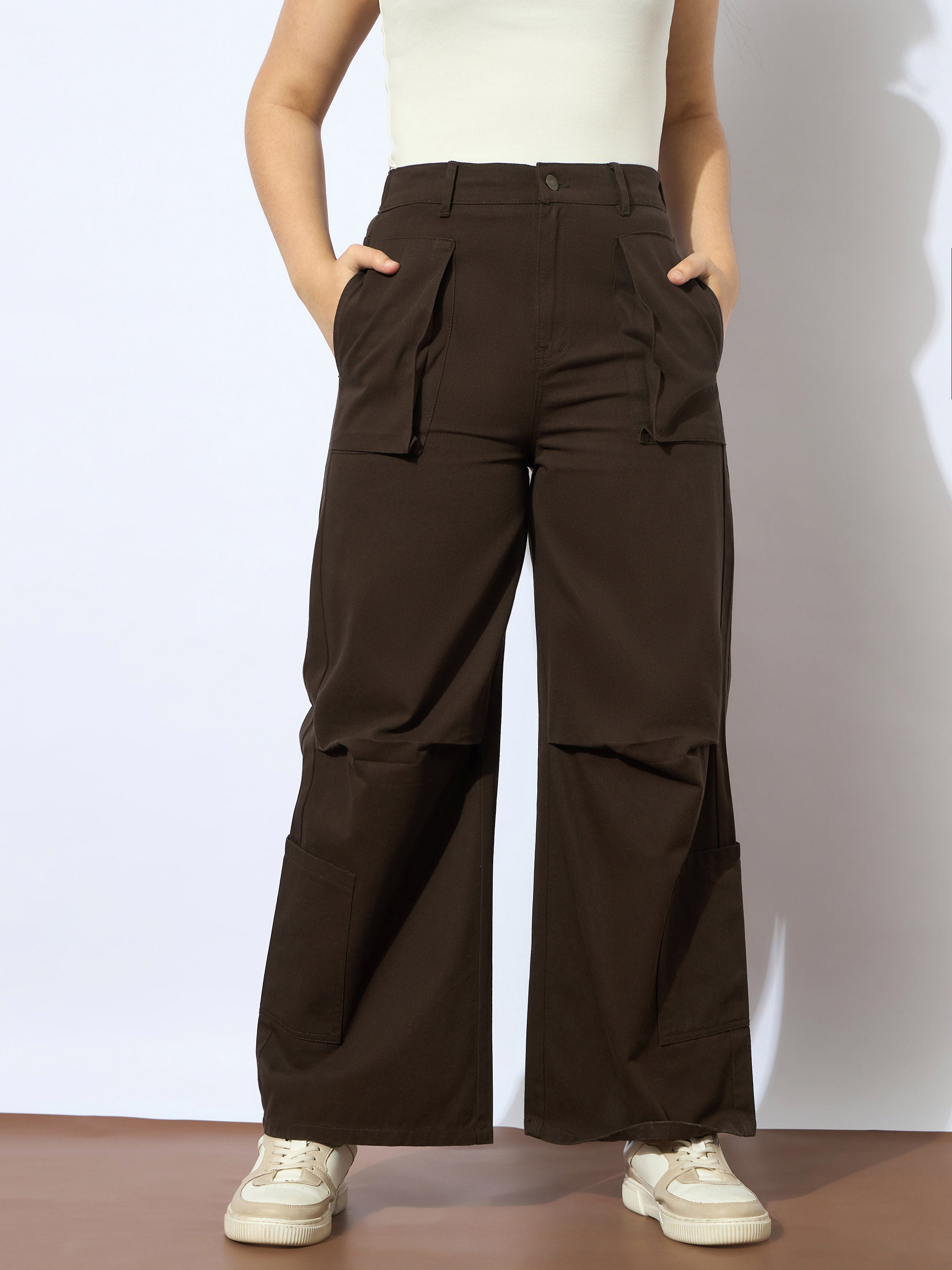 Girls Dark Brown Twill Multi Pocket Straight Pants-NVPANT51202