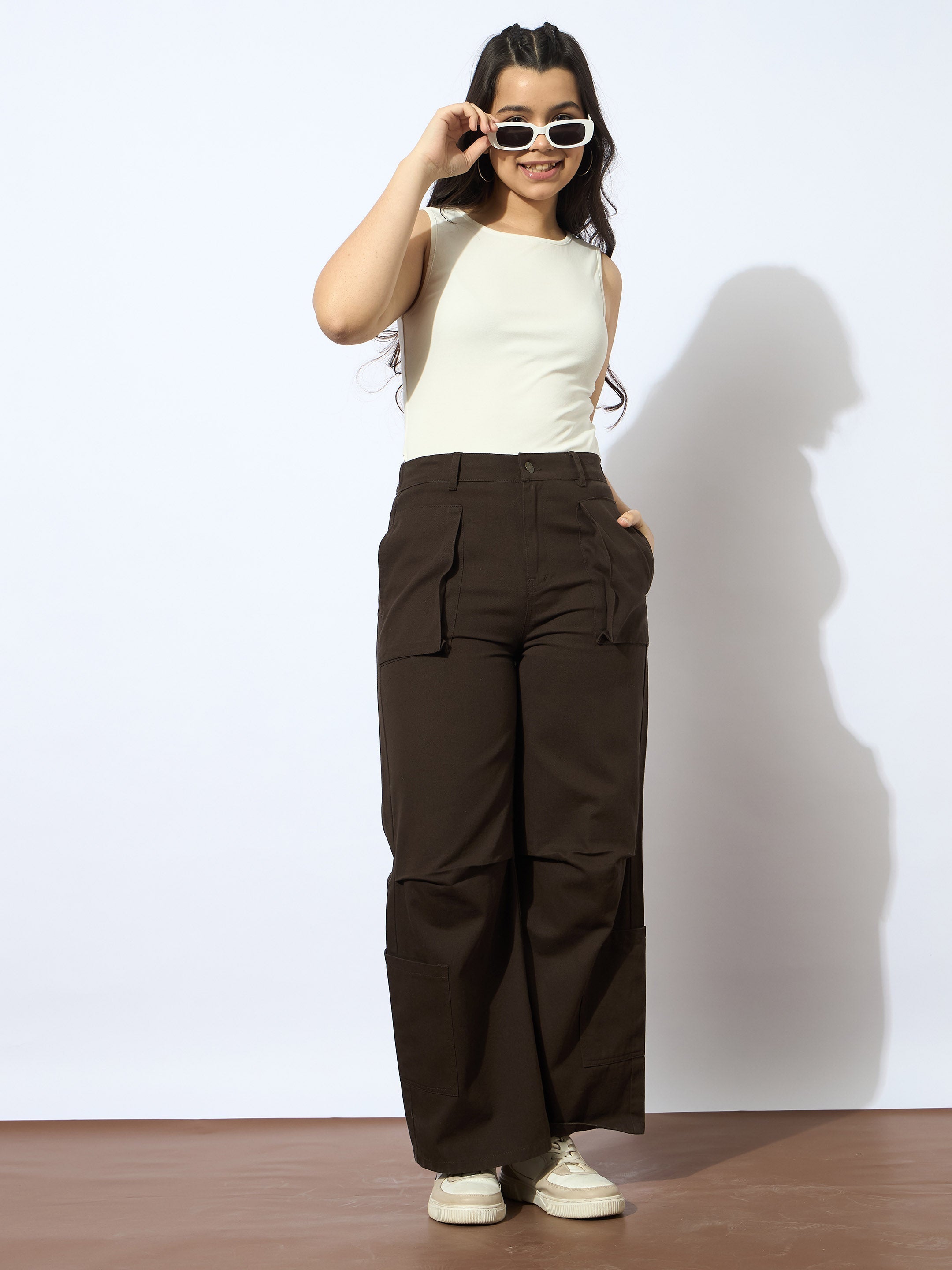 Girls Dark Brown Twill Multi Pocket Straight Pants-NVPANT51202