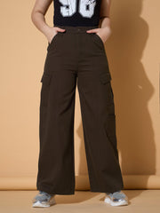 Girls Dark Brown Twill Front Seam Straight Pants-NVPANT51203