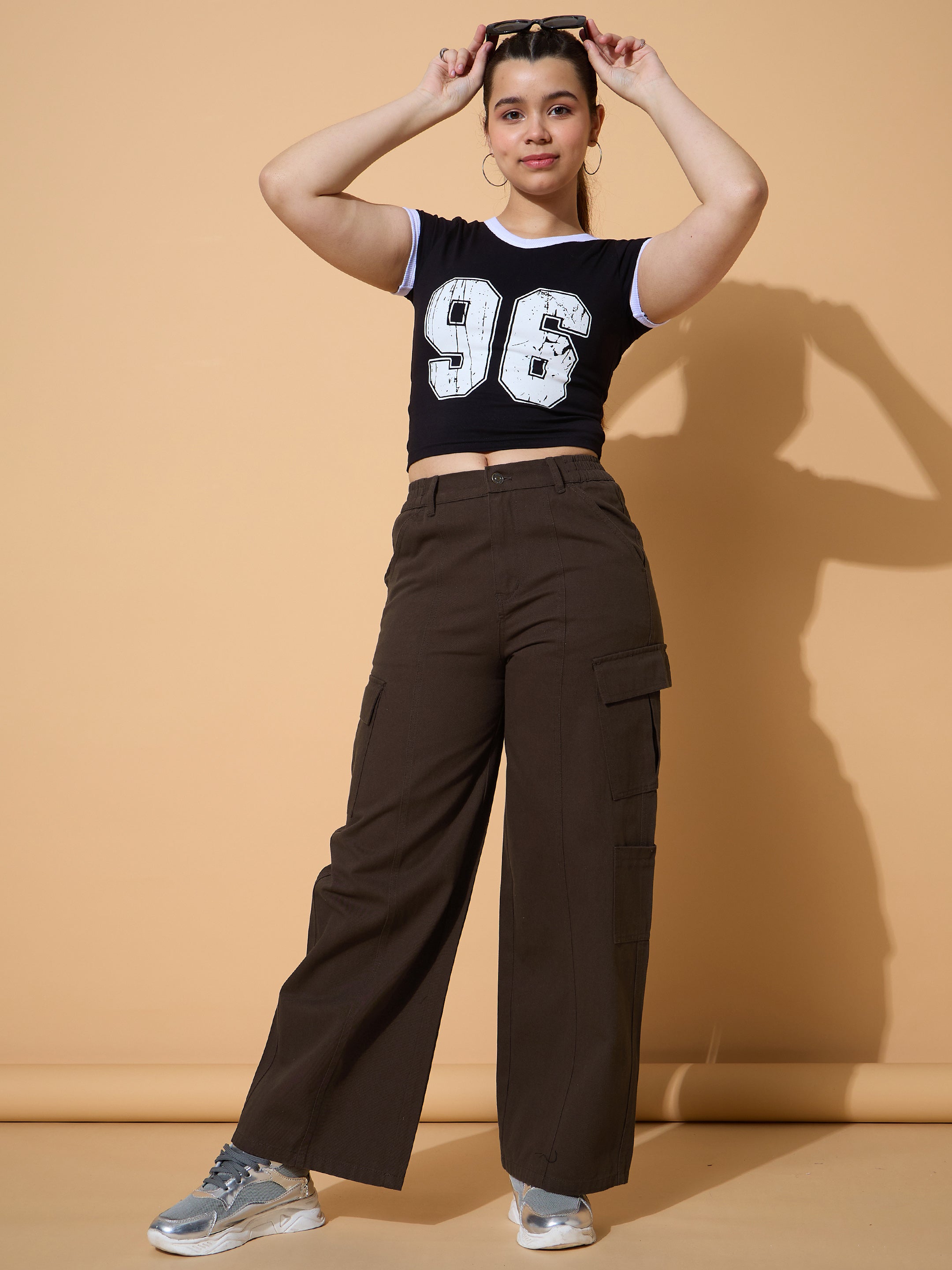 Girls Dark Brown Twill Front Seam Straight Pants-NVPANT51203