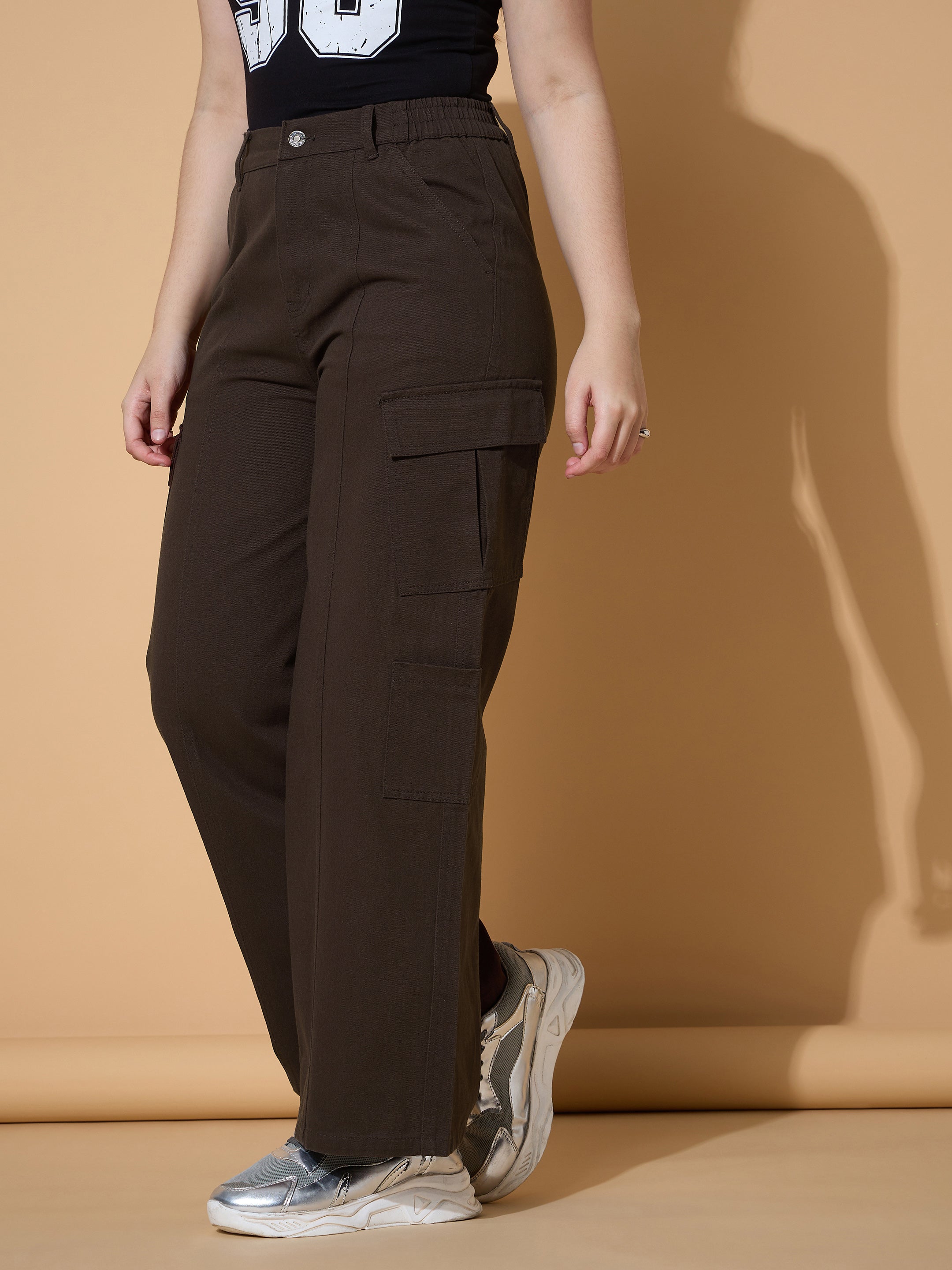 Girls Dark Brown Twill Front Seam Straight Pants-NVPANT51203