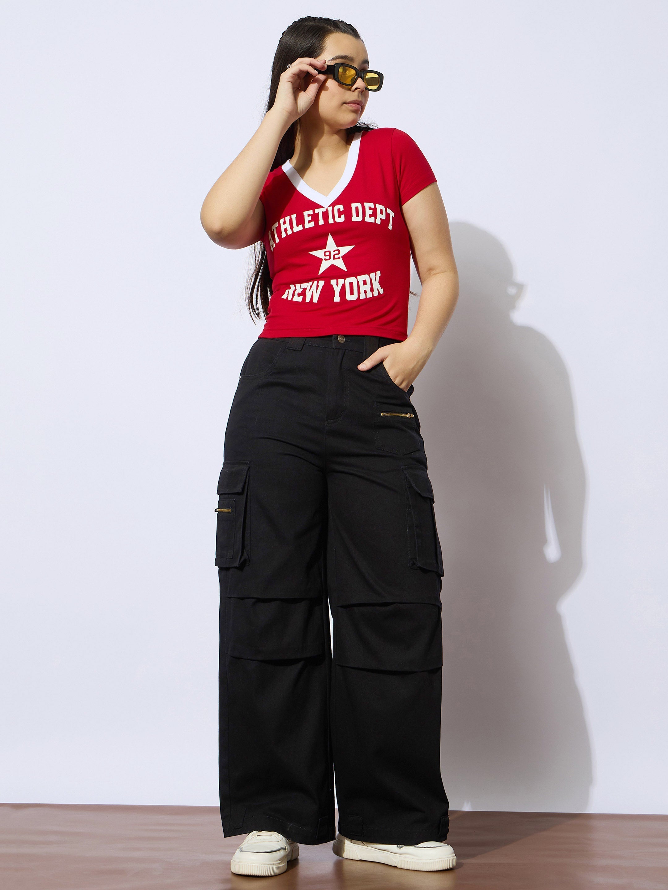 Girls Black Twill Metal Zipper Straight Pants-NVPANT51206