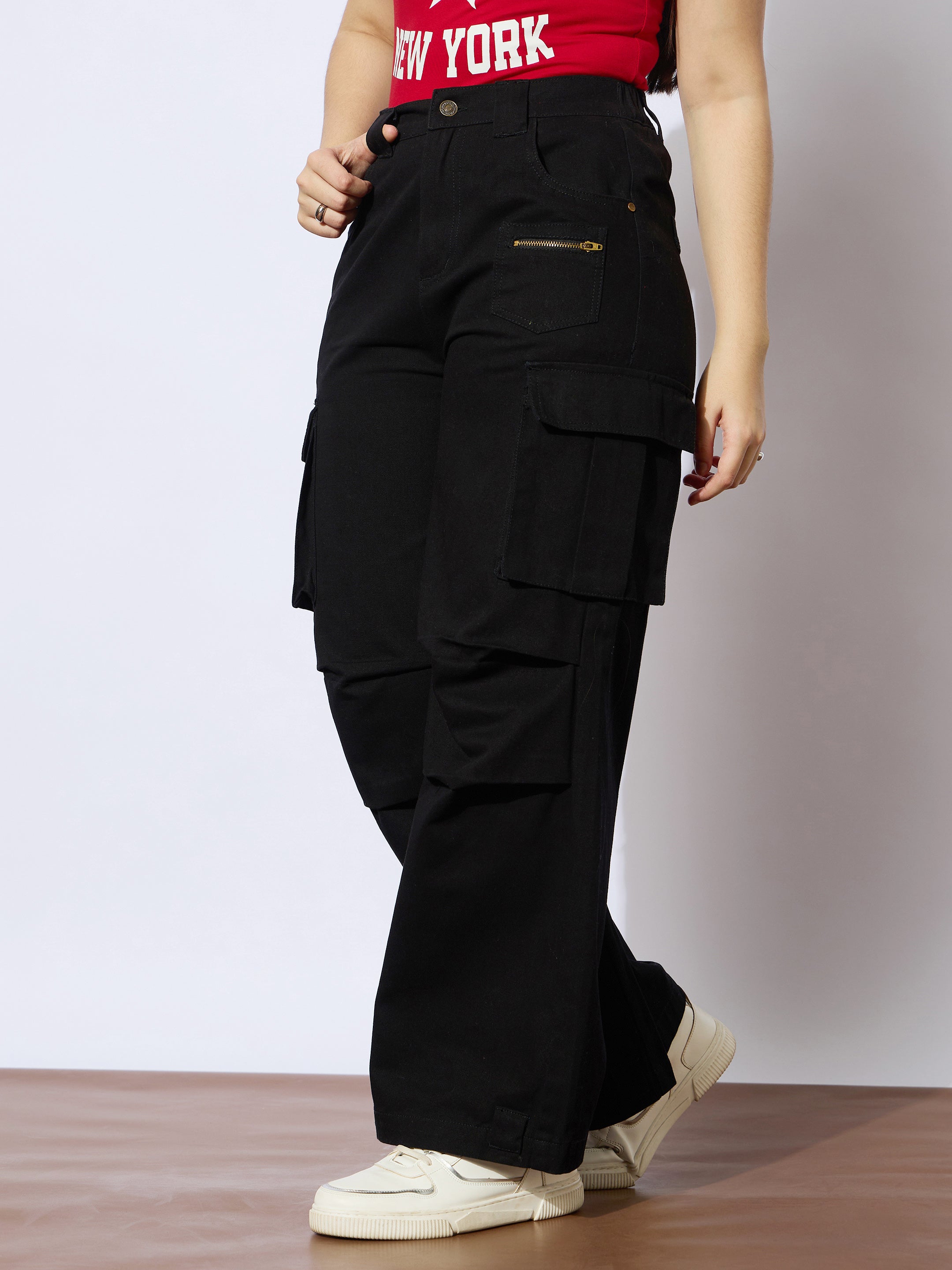 Girls Black Twill Metal Zipper Straight Pants-NVPANT51206