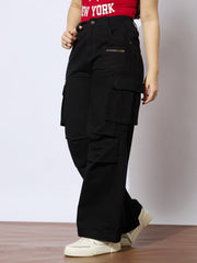 Girls Black Twill Metal Zipper Straight Pants-NVPANT51206