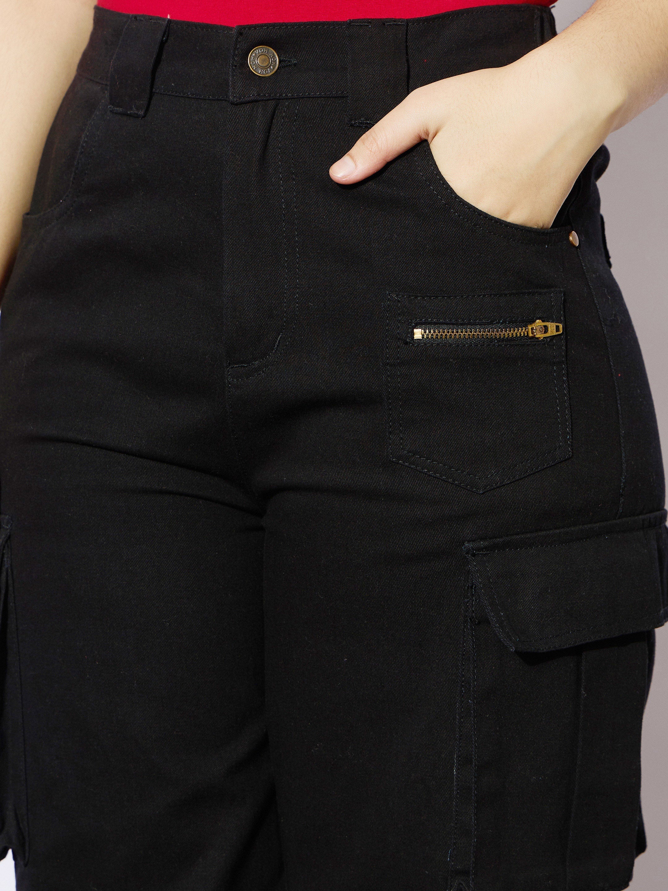 Girls Black Twill Metal Zipper Straight Pants-NVPANT51206
