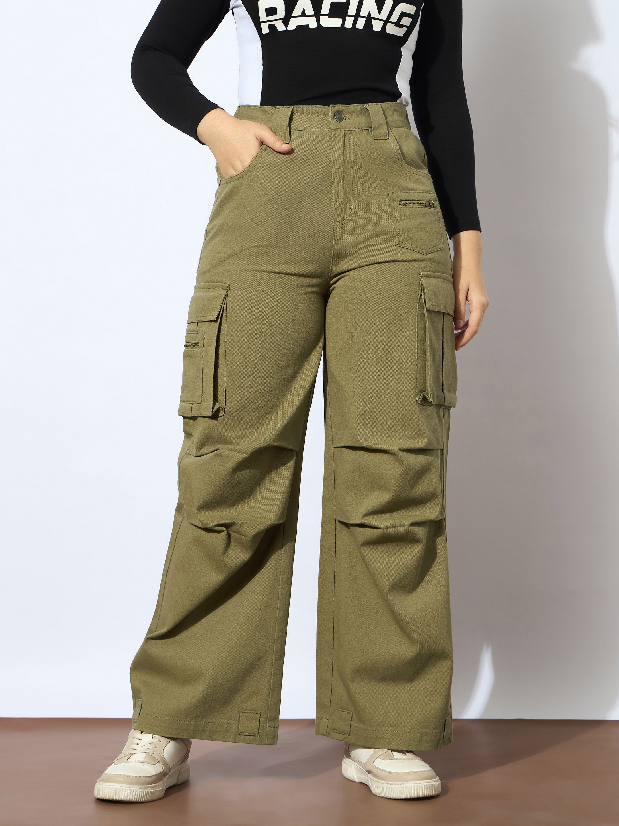 Girls Olive Twill Metal Zipper Straight Pants-NVPANT51207