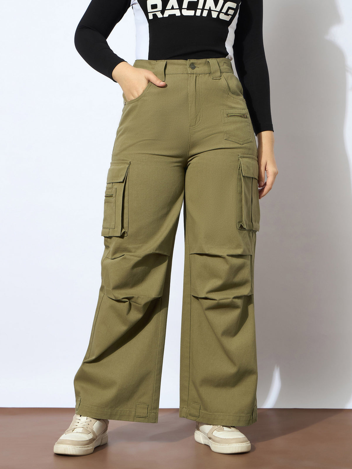 Girls Olive Twill Metal Zipper Straight Pants-NVPANT51207