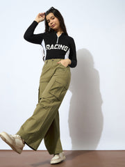 Girls Olive Twill Metal Zipper Straight Pants-NVPANT51207