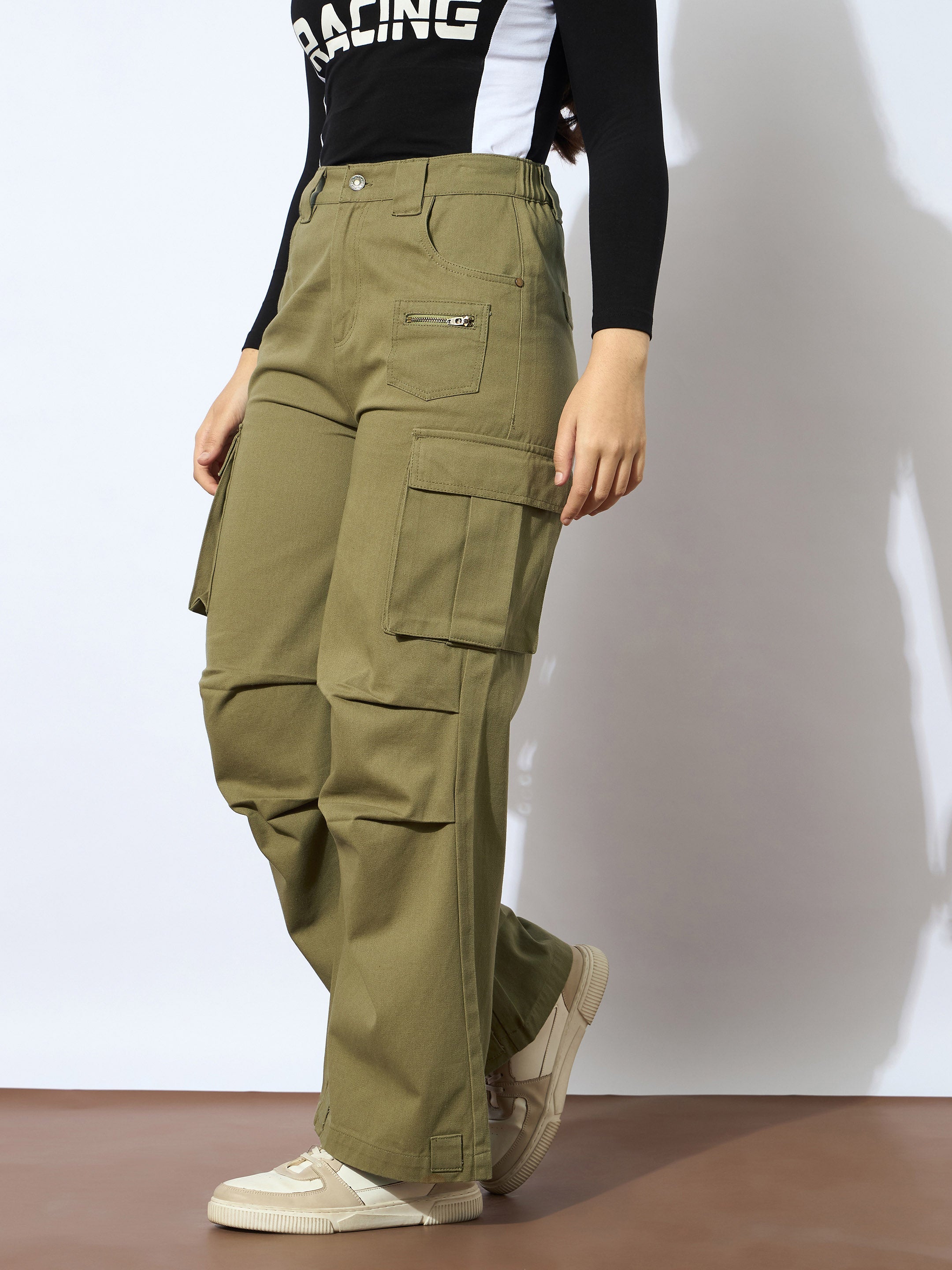 Girls Olive Twill Metal Zipper Straight Pants-NVPANT51207