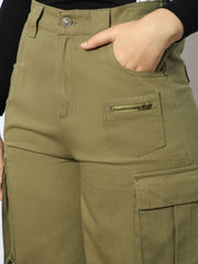 Girls Olive Twill Metal Zipper Straight Pants-NVPANT51207