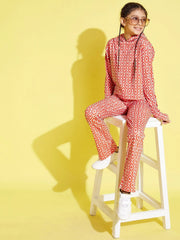 Girls Orange & Beige Geo Scuba Crop Top With Pants