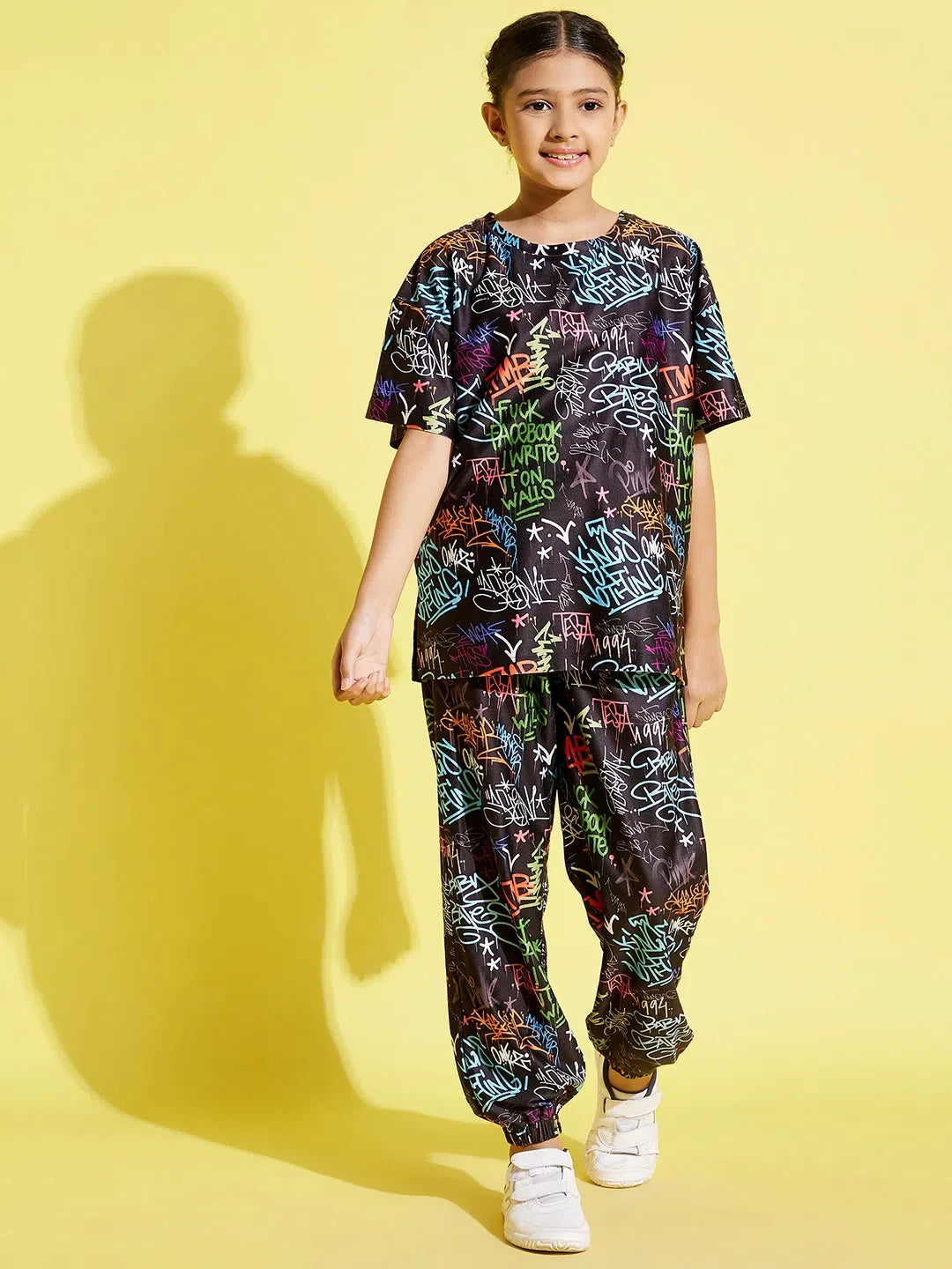 Girls Black Text Top & Joggers Set | Kids Clothing Online