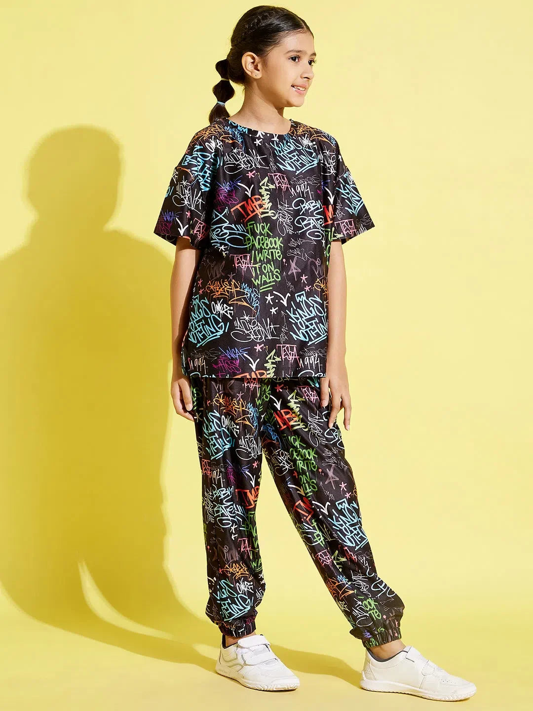 Girls Black Text Top & Joggers Set | Kids Clothing Online