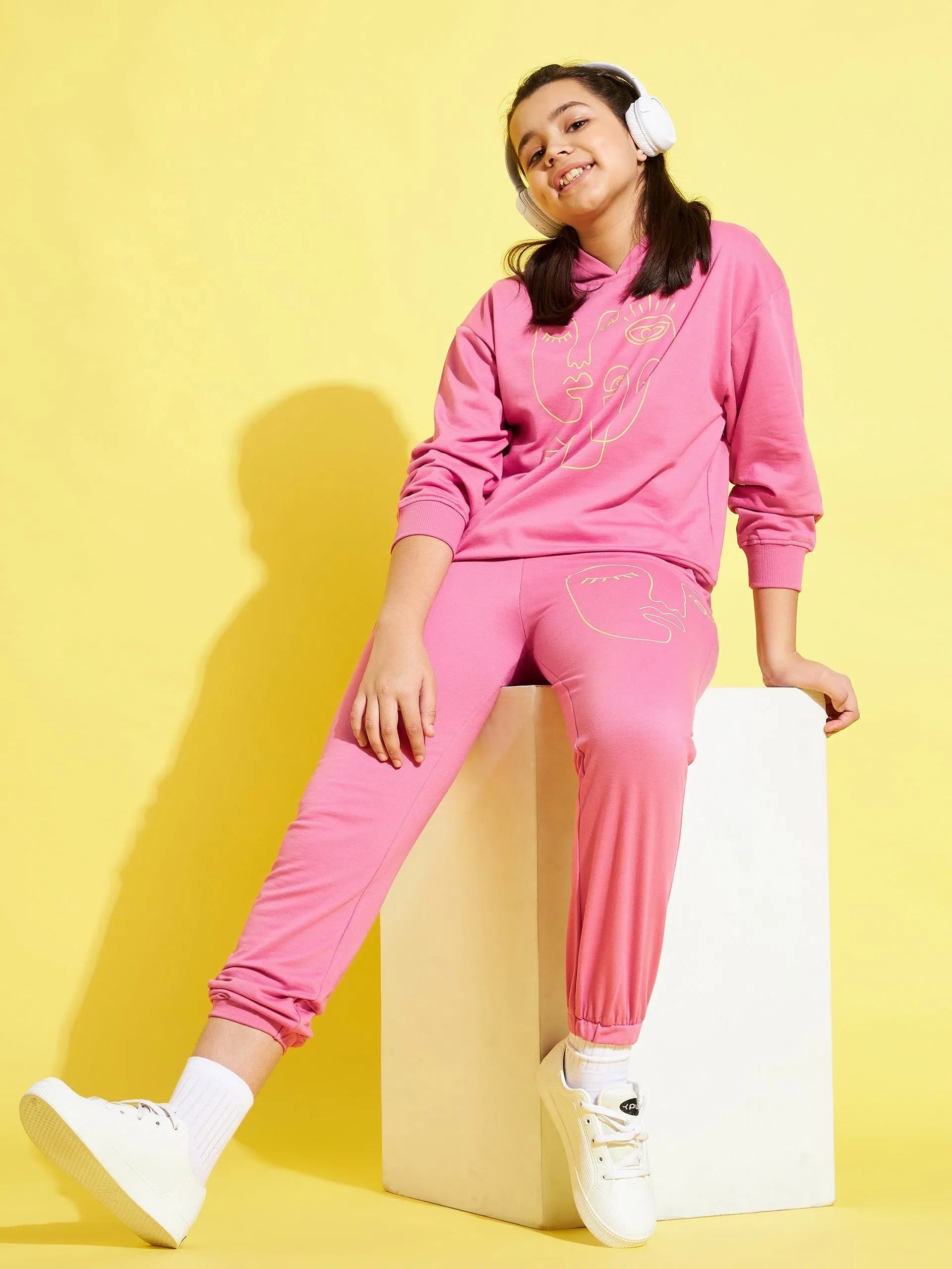 Girls Pink Face Print Hoodie & Joggers Set | Kids Clothing