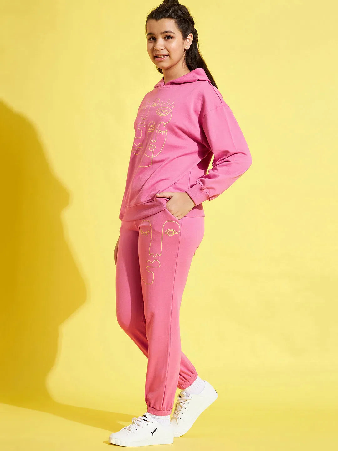 Girls Pink Face Print Hoodie & Joggers Set | Kids Clothing