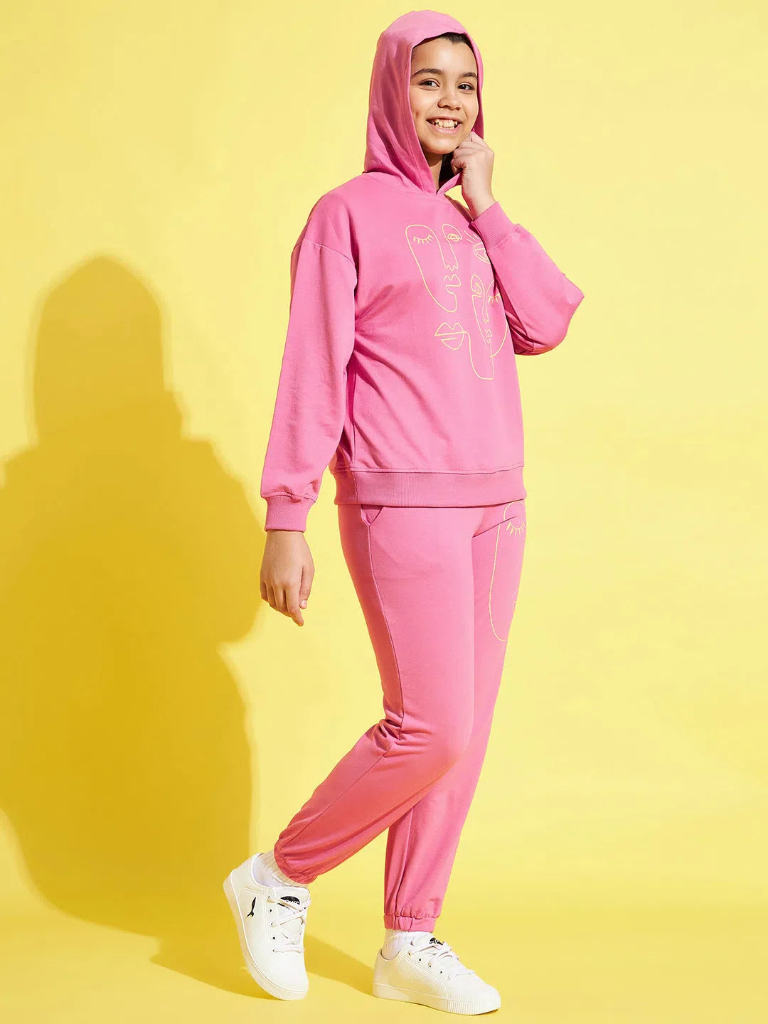 Girls Pink Face Print Hoodie & Joggers Set | Kids Clothing